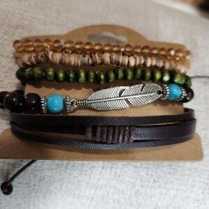 Nwt Womens /Mens Leather and Wood Brown Hues Bracelet Set